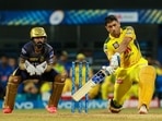 Mahendra Singh Dhoni plays a shot during match 15 of the Indian Premier League 2021 between the Kolkata Knight Riders and the Chennai Super Kings at Wankhede Stadium Mumbai.(PTI) Mahendra Singh Dhoni plays a shot during match 15 of the Indian Premier League 2021 between the Kolkata Knight Riders and the Chennai Super Kings at Wankhede Stadium Mumbai.(PTI)