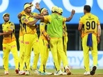Chennai Super Kings players celebrate after win during match 15 of the Indian Premier League 2021 between the Kolkata Knight Riders and the Chennai Super Kings at Wankhede Stadium Mumbai, Wednesday, April 21, 2021.(PTI) Chennai Super Kings players celebrate after win during match 15 of the Indian Premier League 2021 between the Kolkata Knight Riders and the Chennai Super Kings at Wankhede Stadium Mumbai, Wednesday, April 21, 2021.(PTI)