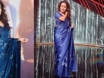 Neha Kakkar leaves Rohanpreet Singh smitten as she slays in blue silk satin sari(Instagram/nehakakkar)