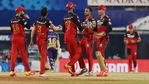 Harshal Patel of Royal Challengers Bangalore celebrates the wicket of Eoin Morgan Captain of Kolkata Knight Riders during the match between the Royal Challengers Bangalore and Kolkata Knight Riders at the M. A. Chidambaram Stadium in Chennai on Sunday.(ANI Photo/IPL Twitter) Harshal Patel of Royal Challengers Bangalore celebrates the wicket of Eoin Morgan Captain of Kolkata Knight Riders during the match between the Royal Challengers Bangalore and Kolkata Knight Riders at the M. A. Chidambaram Stadium in Chennai on Sunday.(ANI Photo/IPL Twitter)