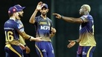 Andre Russell of Kolkata Knight Riders celebrates after takes wicket of Mahendra Singh Dhoni captain of Chennai Super Kings during match 15 of the Indian Premier League 2021 between the Kolkata Knight Riders and the Chennai Super Kings at Wankhede Stadium Mumbai, Wednesday, April 21, 2021.(PTI) Andre Russell of Kolkata Knight Riders celebrates after takes wicket of Mahendra Singh Dhoni captain of Chennai Super Kings during match 15 of the Indian Premier League 2021 between the Kolkata Knight Riders and the Chennai Super Kings at Wankhede Stadium Mumbai, Wednesday, April 21, 2021.(PTI)