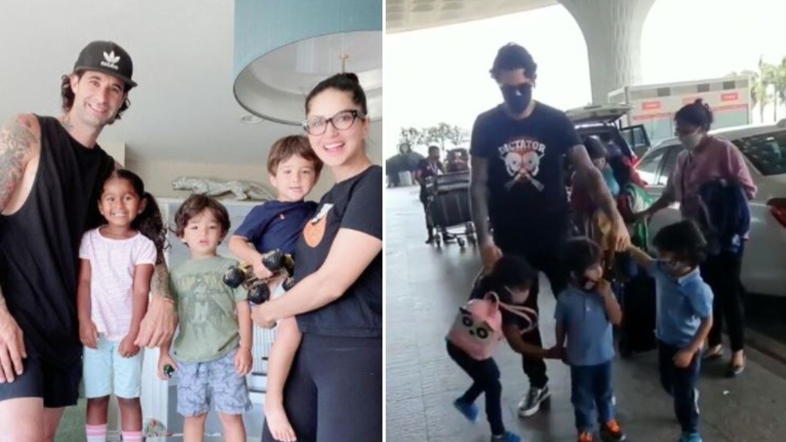Sunny Leone's daughter Nisha holds brother's hand as Daniel Weber, kids  spotted at the airport. Watch | Hindustan Times