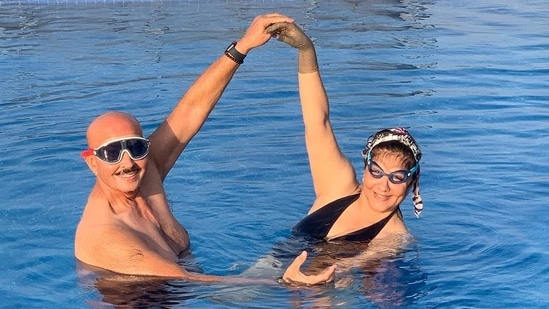 Rakesh Roshan and Pinkie Roshan in the pool.