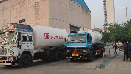 Trucks laden with liquid oxygen coming out of Panipat refinery on Thursday. (HT Photo) Trucks laden with liquid oxygen coming out of Panipat refinery on Thursday. (HT Photo)
