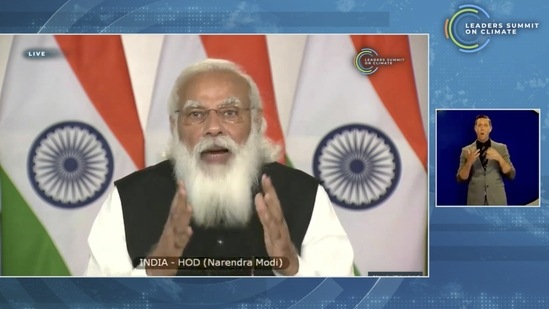 Prime Minister Narendra Modi speaks during the virtual Leaders' Summit on Climate. (Bloomberg) Prime Minister Narendra Modi speaks during the virtual Leaders' Summit on Climate. (Bloomberg)