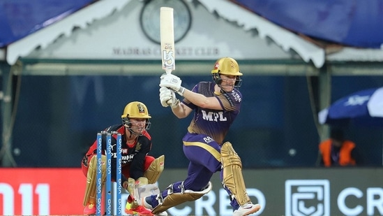 Eoin Morgan plays a shot during match 10 of the Indian Premier League 2021 between the Royal Challengers Bangalore and the Kolkata Knight Riders, at the M. A. Chidambaram Stadium in Chennai,(PTI)