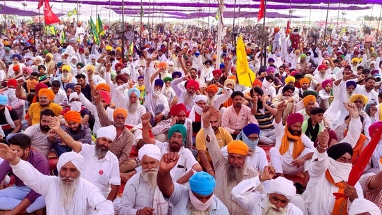 Farmers shout slogans as they take part in a protest against the central government's recent agricultural reforms on the outskirts of Amritsar. (PTI Photo)