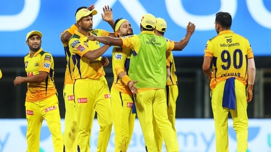 Chennai Super Kings players celebrate after win during match 15 of the Indian Premier League 2021 between the Kolkata Knight Riders and the Chennai Super Kings at Wankhede Stadium Mumbai, Wednesday, April 21, 2021.(PTI)