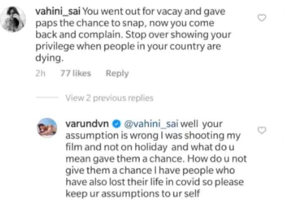 A screenshot of Varun Dhawan's response.