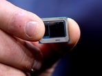 An Intel Tiger Lake chip is displayed at an Intel news conference. 