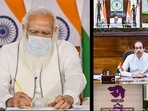Prime Minister Narendra Modi during a meeting with chief ministers on COVID-19 situations through video conferencing, in New Delhi. Chattisgarh CM Baghel seen in a window next to Ashok Gehlot and above CM Uddhav Thackeray. 