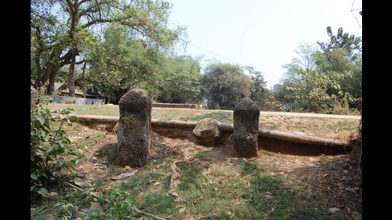 Obelisk-shaped markers on the Jagannath Sadak told pilgrims where the path was in times of flood. (Anil Dhir) Obelisk-shaped markers on the Jagannath Sadak told pilgrims where the path was in times of flood. (Anil Dhir)