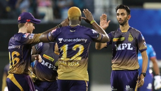 Andre Russell celebrates the wicket of Kieron Pollard during the match between the Kolkata Knight Riders and the Mumbai Indians at the M. A. Chidambaram Stadium. ANI Photo/ IPL Twitter)