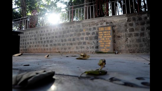 The Zero Stone in Pune after it was restored. Zero Stones were installed by the British in cities across India, to mark their exact centre, and the point from which distances to other places would be measured. (HT Archive) The Zero Stone in Pune after it was restored. Zero Stones were installed by the British in cities across India, to mark their exact centre, and the point from which distances to other places would be measured. (HT Archive)