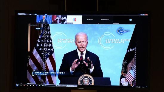 US President Joe Biden attends the leaders summit on climate via video conference, in Brussels on Thursday, April 22. (AFP) US President Joe Biden attends the leaders summit on climate via video conference, in Brussels on Thursday, April 22. (AFP)