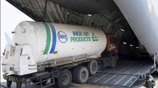 The C-17 and IL-76 aircraft of IAF have started airlifting big empty oxygen tankers from their place of use to the filling stations across the country to speed up the distribution of much needed oxygen. (PTI PHOTO.)