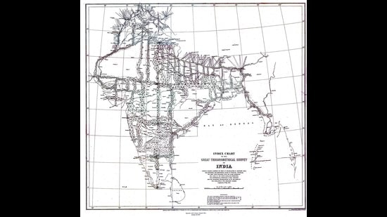 A Great Trigonometrical Survey index chart showing the network of baselines that was used to try and measure the subcontinent. (Rangan Datta) A Great Trigonometrical Survey index chart showing the network of baselines that was used to try and measure the subcontinent. (Rangan Datta)