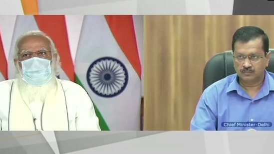 Prime Minister Narendra Modi and Delhi chief minister Arvind Kejirwal during Covid-19 review meet. (ANI Photo ) Prime Minister Narendra Modi and Delhi chief minister Arvind Kejirwal during Covid-19 review meet. (ANI Photo )