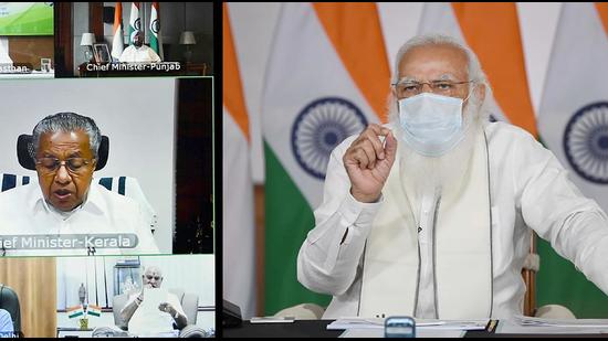 Prime Minister Narendra Modi during a meeting with chief ministers on the Covid-19 situation, through video conferencing, in New Delhi on Friday, April 23. (PTI)