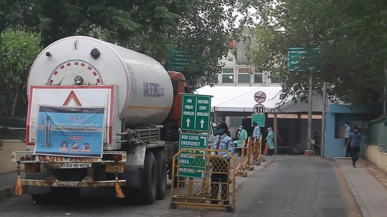 A truck carrying oxygen gas enters Sir Ganga Ram Hospital in New Delhi on Friday. (AP Photo) A truck carrying oxygen gas enters Sir Ganga Ram Hospital in New Delhi on Friday. (AP Photo)