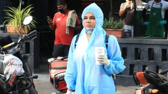 Rakhi Sawant snapped outside Starbucks in Andheri.(Varinder Chawla)