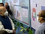 Union home minister Amit Shah reviews preparation at the Dhanvantari Covid Hospital. (ANI) Union home minister Amit Shah reviews preparation at the Dhanvantari Covid Hospital. (ANI)