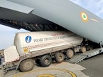 An Indian Air Force aircraft reaches Indore to airlift of Oxygen tanker for Jamnagar, in Indore on Friday.(ANI)