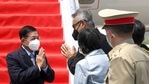 Myanmar's junta chief Senior General Min Aung Hlaing (L) gestures as he is welcomed upon his arrival ahead of the ASEAN leaders' summit, at the Soekarno Hatta International airport in Tangerang, on the outskirts of Jakarta, Indonesia. (REUTERS) Myanmar's junta chief Senior General Min Aung Hlaing (L) gestures as he is welcomed upon his arrival ahead of the ASEAN leaders' summit, at the Soekarno Hatta International airport in Tangerang, on the outskirts of Jakarta, Indonesia. (REUTERS)
