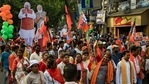 Before campaigning ended on Friday, Prime Minister Narendra Modi, Union home minister Amit Shah, BJP’s star campaigner, actor Mithun Chakraborty, and others held more than a dozen rallies and roadshows in these constituencies. (AP PHOTO). Before campaigning ended on Friday, Prime Minister Narendra Modi, Union home minister Amit Shah, BJP’s star campaigner, actor Mithun Chakraborty, and others held more than a dozen rallies and roadshows in these constituencies. (AP PHOTO).