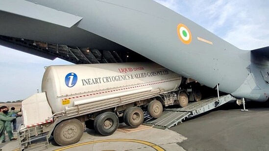 An Indian Air Force (IAF) aircraft reaches Indore to airlift oxygen tanker for Jamnagar. (ANI Photo)