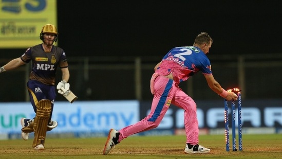 Chris Morris of Rajasthan Royals runs out Eoin Morgan Captain of Kolkata Knight Riders during the match between the Rajasthan Royals and the Kolkata Knight Riders at the Wankhede Stadium, in Mumbai on Saturday. (ANI Photo/IPL Twitter)