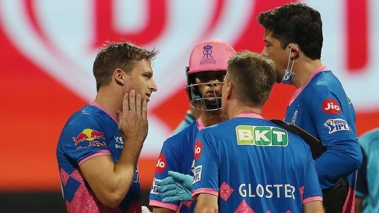 Jos Buttler of Rajasthan Royals holds his chin after delivery from Pat Cummins of Kolkata Knight Riders during the match between the Rajasthan Royals and the Kolkata Knight Riders at the Wankhede Stadium, in Mumbai on Saturday.(ANI Photo/IPL Twitter)