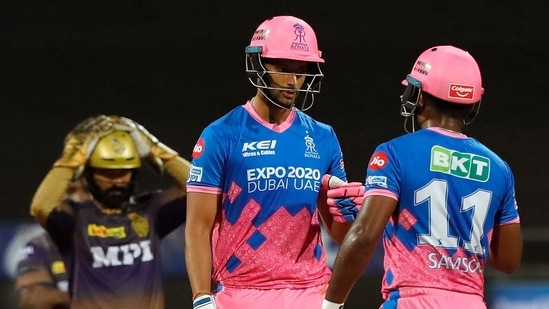 Sanju Samson Captain of Rajasthan Royals and Shivam Dube of Rajasthan Royals during the match between the Rajasthan Royals and the Kolkata Knight Riders at the Wankhede Stadium, in Mumbai on Saturday.(ANI Photo/IPL Twitter)