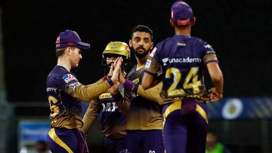 Varun Chakravarthy of Kolkata Knight Riders celebrates the wicket of Jos Buttler of Rajasthan Royals during the match between the Rajasthan Royals and the Kolkata Knight Riders at the Wankhede Stadium, in Mumbai on Saturday.(ANI Photo/IPL Twitter)