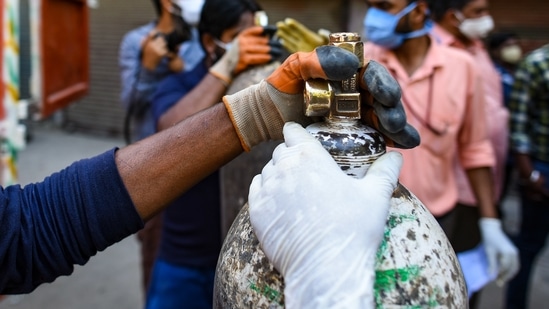 A closeup of a medical oxygen cylinder meant to be transported to hospitals in Delhi. (Amal KS/HT PHOTO)