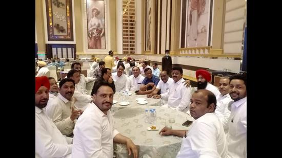 Senior deputy mayor (fifth from right) with Congress councillors at the party on Friday evening. The councillors did not maintain social distancing and are seen without masks. (HT Photo) Senior deputy mayor (fifth from right) with Congress councillors at the party on Friday evening. The councillors did not maintain social distancing and are seen without masks. (HT Photo)
