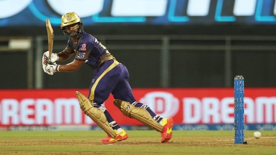 Rahul Tripathi of Kolkata Knight Riders plays a shot during match 18 of the Vivo Indian Premier League 2021 between the Rajasthan Royals and the Kolkata Knight Riders held at the Wankhede Stadium Mumbai on the 24th April 2021.(PTI)