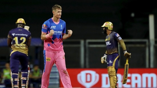 Chris Morris of Rajasthan Royals celebrates the wicket of Andre Russell of Kolkata Knight Riders during match 18 of the Vivo Indian Premier League 2021 between the Rajasthan Royals and the Kolkata Knight Riders held at the Wankhede Stadium Mumbai on the 24th April 2021. .(PTI)