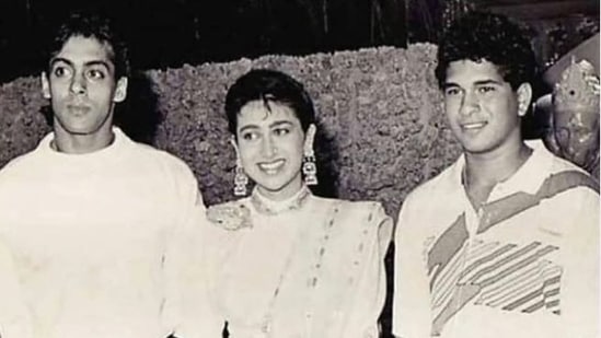 Karisma Kapoor with Sachin Tendulkar and Salman Khan.