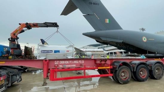 An IAF aircraft will be reaching the Panagarh airbase by Saturday evening carrying oxygen tanks from Singapore. An IAF aircraft will be reaching the Panagarh airbase by Saturday evening carrying oxygen tanks from Singapore.