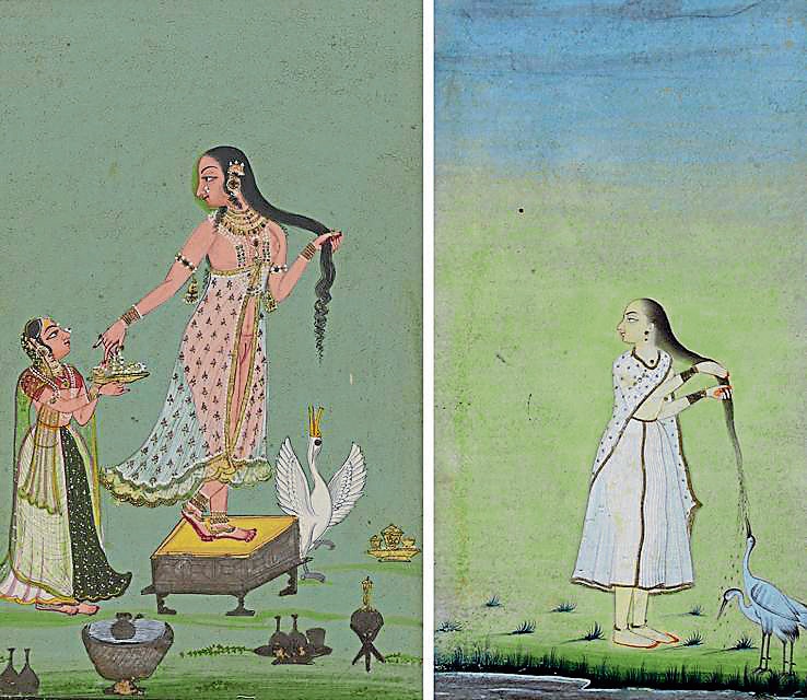 Annonymous painting from Bundi (1790-1810) depicting a swan drinking pearl-like droplets from a lady’s hair; a nayika lets cranes drink water cascading from her tresses, painting by Abu’l Kasim (1800), Bikaner. (PHOTOS: RIJKSMUSEUM AMSTERDAM & SAN DIEGO MUSEUM OF ART) Annonymous painting from Bundi (1790-1810) depicting a swan drinking pearl-like droplets from a lady’s hair; a nayika lets cranes drink water cascading from her tresses, painting by Abu’l Kasim (1800), Bikaner. (PHOTOS: RIJKSMUSEUM AMSTERDAM & SAN DIEGO MUSEUM OF ART)