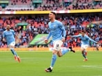 Manchester City's Aymeric Laporte celebrates scoring their side's first goal of the game during the English League Cup Cup Final against Tottenham Hotspur at Wembley Stadium.(AP) Manchester City's Aymeric Laporte celebrates scoring their side's first goal of the game during the English League Cup Cup Final against Tottenham Hotspur at Wembley Stadium.(AP)