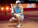 Ashleigh Barty holds the trophy after defeating Aryna Sabalenka of Belarusia, during the WTA Tour Women Final match in Stuttgart,