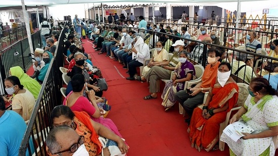 Senior citizens wait for their turn to get a shot of the Covid-19 vaccine at Mumbai Municipal corporation Jumbo Covid Vaccination Centre in Mumbai.(ANI)