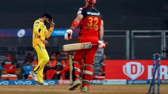 Ravindra Jadeja was on fire with both bat and ball. Here he is seen celebrating Glenn Maxwell's wicket, whom he clean bowled. (IPL/Twitter)