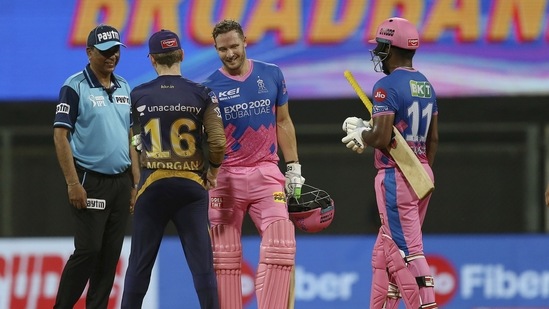 David Miller of Rajasthan Royals bumps fists after the game during match 18 of the Vivo Indian Premier League 2021 between the Rajasthan Royals and the Kolkata Knight Riders.(PTI)