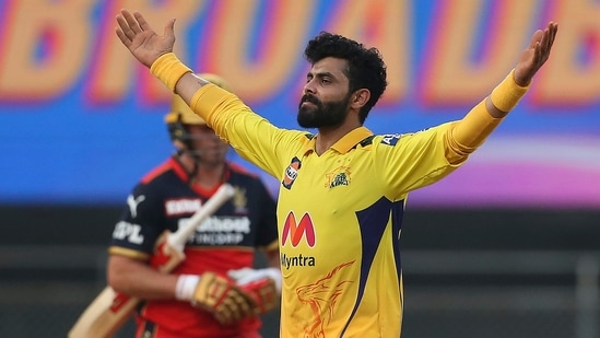 Ravindra Jadeja celebrates the wicket of AB de Villiers during match 19 of the Indian Premier League 2021 between the Chennai Super Kings and the Royal Challengers Bangalore. (PTI) Ravindra Jadeja celebrates the wicket of AB de Villiers during match 19 of the Indian Premier League 2021 between the Chennai Super Kings and the Royal Challengers Bangalore. (PTI)