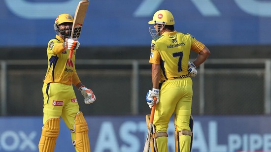 Ravindra Jadeja of Chennai Super Kings celebrates his fifty during match 19 of Indian Premier League 2021 against the Royal Challengers Bangalore.(IPL/BCCI)