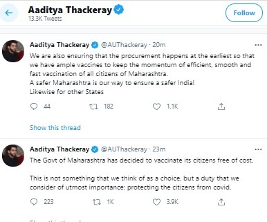 Maharashtra tourism and environment minister Aaditya Thackeray's deleted tweet where he said all citizens of the state will be vaccinated for free. (Twitter/@AUThackeray) Maharashtra tourism and environment minister Aaditya Thackeray's deleted tweet where he said all citizens of the state will be vaccinated for free. (Twitter/@AUThackeray)