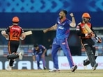 Axar Patel celebrates the wicket of Rashid Khan.(PTI) Axar Patel celebrates the wicket of Rashid Khan.(PTI)
